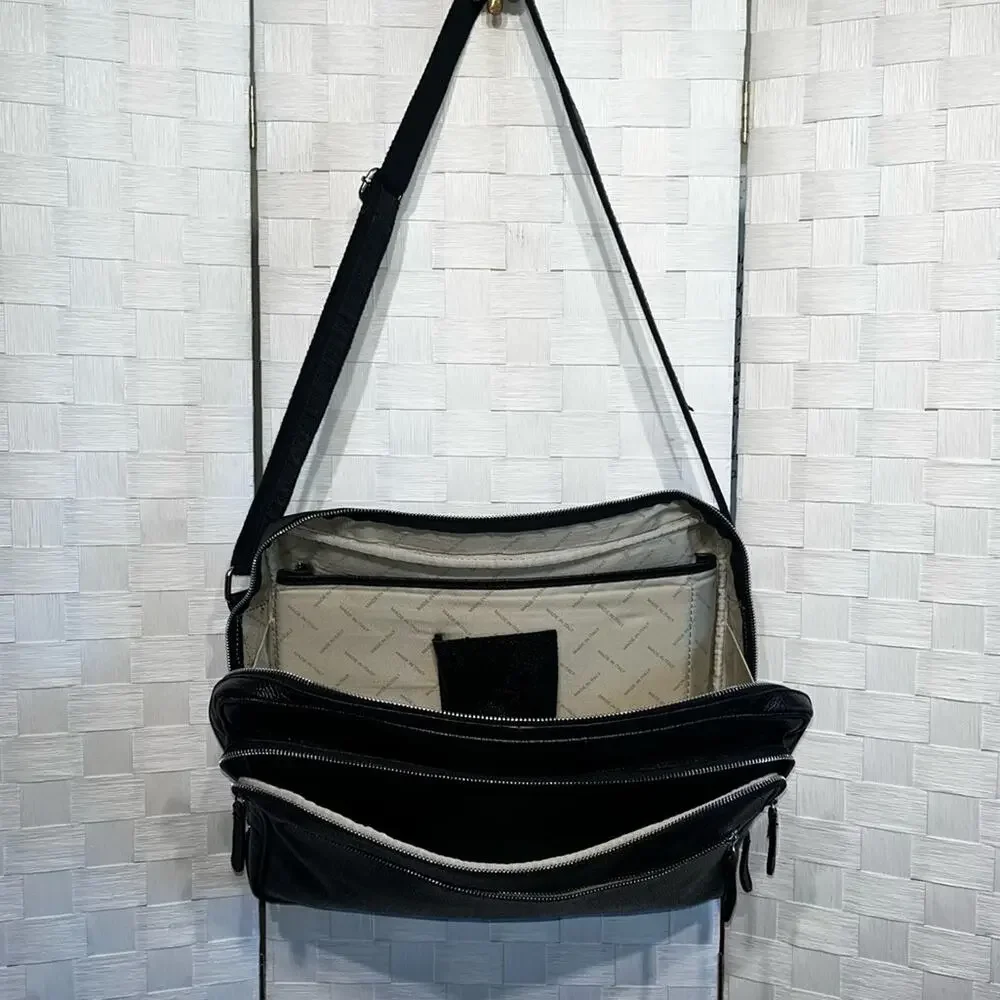 Lucaldo Men’s Laptop/Briefcase Messenger Bag Black Leather Multi Pockets Italian
